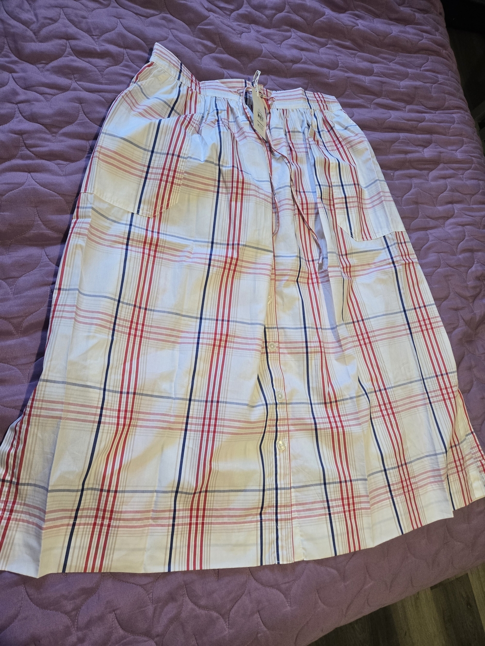 Classic White Plaid Midi Skirt with Red & Navy Stripes